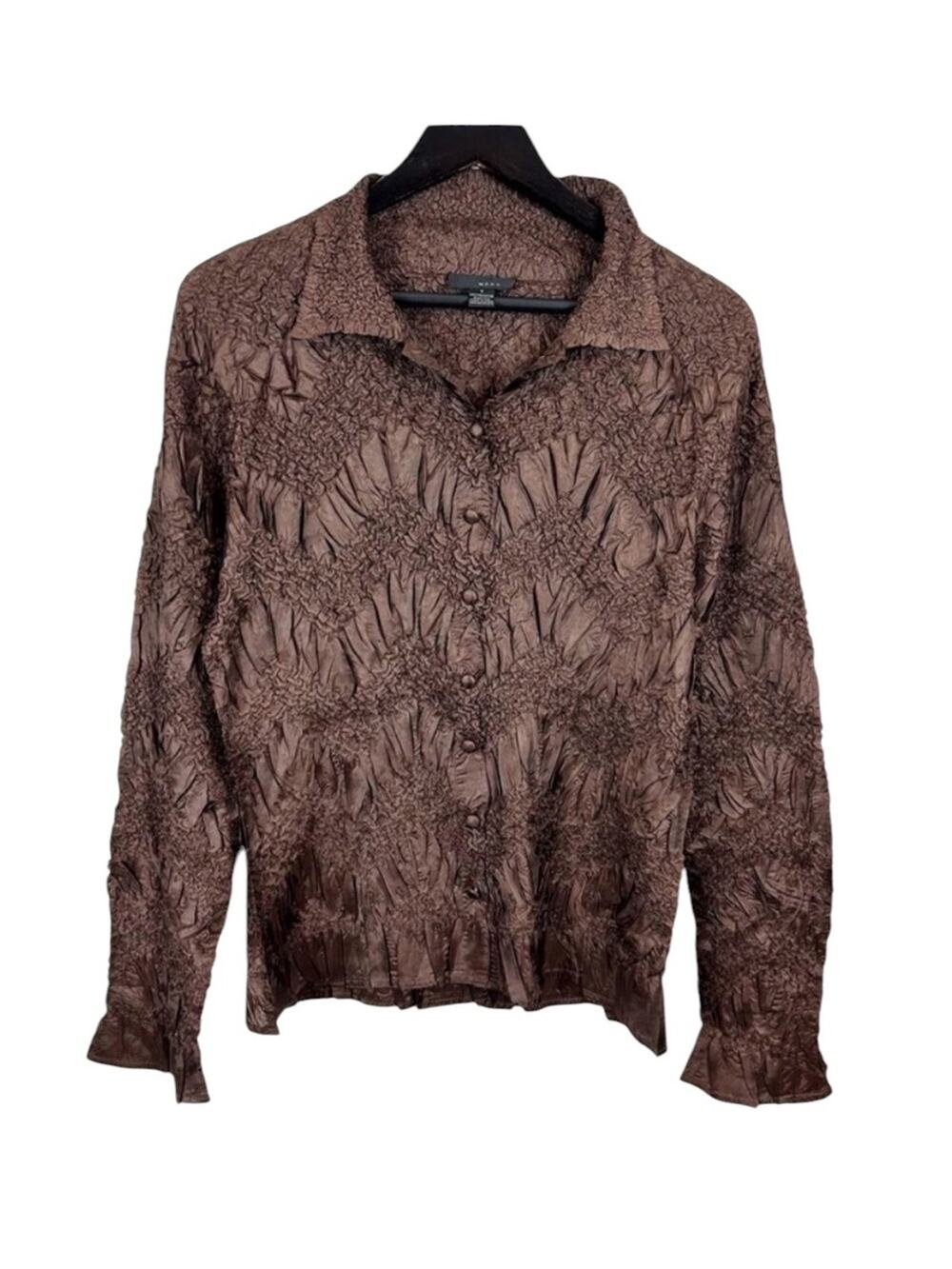 W.D.N.Y. Textured Brown Button-Front Blouse Size Small VTG Button Down